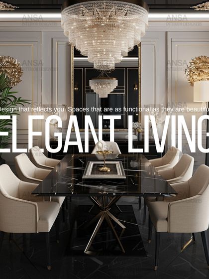 Elegant living defined. This dining room is all about high-contrast drama, with a black marble table, cream-colored chairs, and a massive, sparkling chandelier that commands attention.