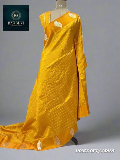 Another view of the yellow checks pattern pure Banaras lightweight silk saree, showing its full drape.