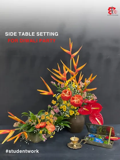 Students learn to create decor for any occasion. This vibrant side table setting for a Diwali party uses birds of paradise and anthuriums to create a dramatic and celebratory floral arrangement.