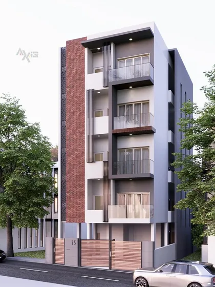Our visualization services extend to large-scale residential projects. This exterior elevation of a modern apartment building shows our skill in creating dynamic facades that combine materials like brick, glass, and concrete, ensuring the final structure is both aesthetically pleasing and commercially viable.