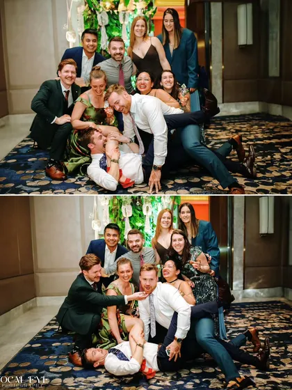 A fun, candid group shot from a cross-cultural wedding, with friends and family piling on top of each other for a memorable photo.