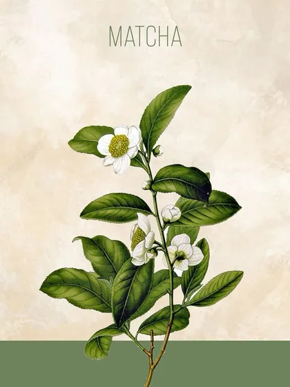 This illustration showcases the Matcha plant (Camellia sinensis). While not traditionally Indian, we embrace all-natural ingredients that promote well-being, and matcha is celebrated for its antioxidant properties and ability to provide calm, focused energy.
