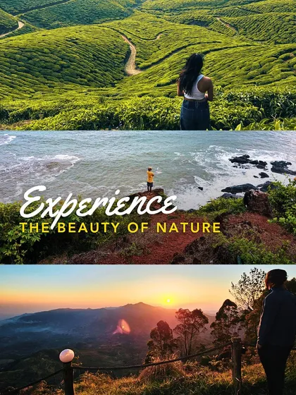 A collage showcasing the beauty of nature in South India. From the tea estates of Munnar to the beaches of Gokarna, I offer experiences for every kind of traveler.