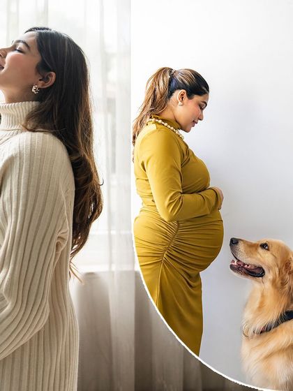 A stylish collage from a maternity shoot, showing the mom-to-be in two different beautiful outfits, with her loyal Golden Retriever, Hugo, looking up at her in one of the shots.