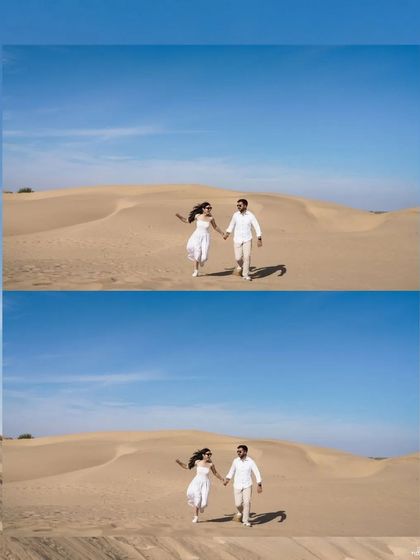 A wide shot of the couple running hand-in-hand across the vast expanse of the Jaisalmer desert, a perfect picture of happiness.