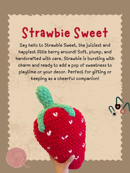 This is Strawbie Sweet, a plump and juicy strawberry plushie. Made with super soft yarn, it’s a fun, food-themed toy that adds a pop of color and sweetness to any room.