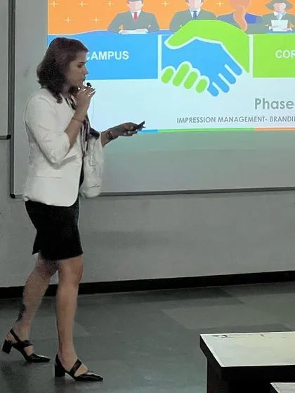 Presenting a module on impression management and personal branding. This is the first step in my 'Campus to Corporate' program, where we lay the foundation for a strong professional identity.