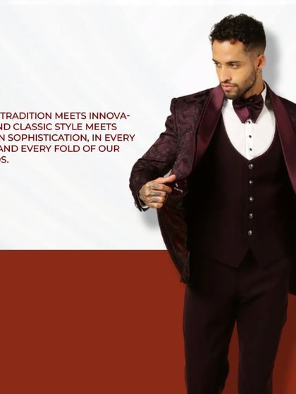 Dapper, debonair, and ready to take on the night. This maroon patterned tuxedo is for making a stylish impression.