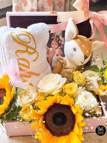 I had the absolute joy of creating this special 'sunshine' themed hamper for Alia Bhatt and her daughter, Raha. It was filled with sunflowers, a personalized towel, and other handpicked items to bring warmth and love.