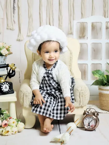 Another angle of the "little old lady" theme, showing off the cute gingham dress and vintage telephone prop.