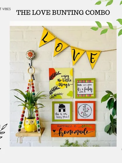 Our 'Love Bunting Combo' is a charming wall decor set that includes a 'LOVE' bunting, hand-doodled wooden planks, colorful glass frames, and a macrame plant hanger with a ceramic owl planter.