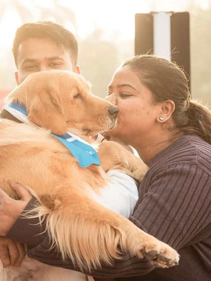 A beautiful, warm-toned shot of a woman holding her golden retriever. The backlighting from the sun adds a lovely glow to this emotional moment.