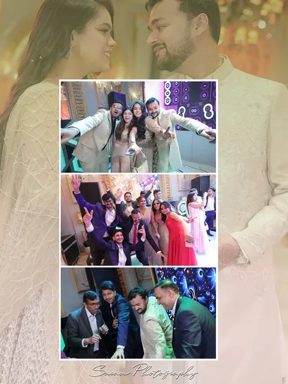 A collage of fun, candid moments with friends and family during an engagement celebration.
