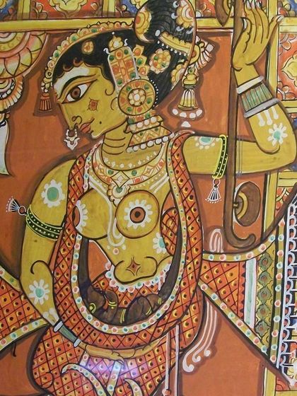 A work by K. Srinivasulu, a prominent artist revered for his bold, expressive use of traditional Indian themes. This piece, with its vibrant yellow tones and intricate patterns, evokes the traditional art forms of southern India.