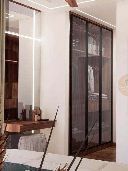 A master bedroom render showing a floating dressing table with a backlit mirror and a fluted glass wardrobe, creating a sophisticated and functional grooming area.
