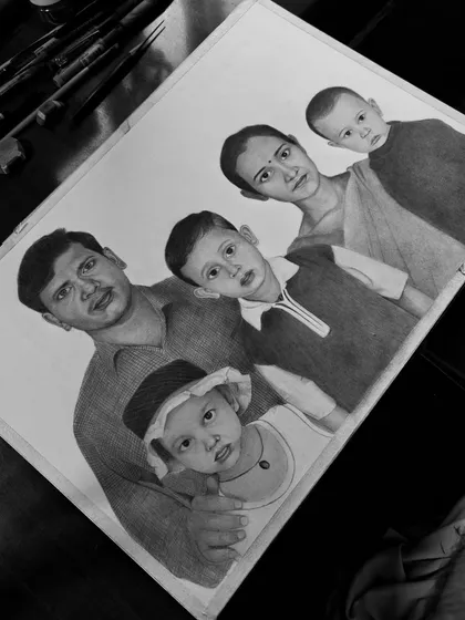 A finished A3 size family portrait, capturing three generations in one frame. It’s an honor to turn a cherished family photograph into a hand-drawn piece of art that will be treasured for years.
