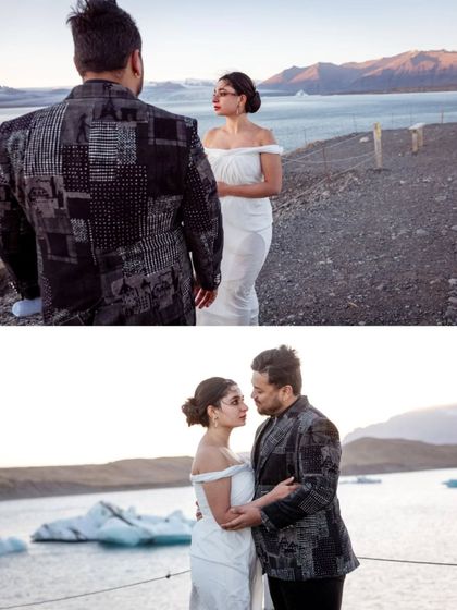 This collage captures the serene and intimate moments from the shoot. Her off-shoulder white gown and his unique printed jacket create a modern, coordinated couple's style.