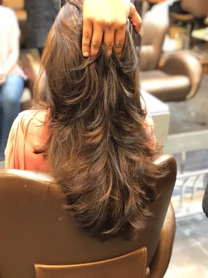 The back view of a V-cut with multiple layers. This style is excellent for removing weight from thick hair while maintaining length.