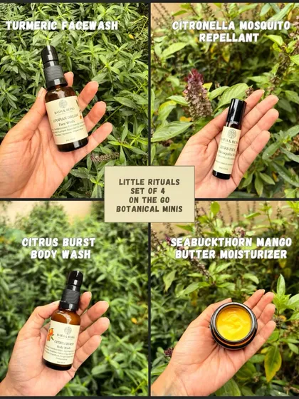 Meet the "Little Rituals" set, a perfect introduction to my botanical world. It features four of my bestsellers in travel-friendly sizes: a Citrus Burst Body Wash, Turmeric Facewash, Seabuckthorn Mango Butter Moisturizer, and a Citronella Mosquito Repellant.