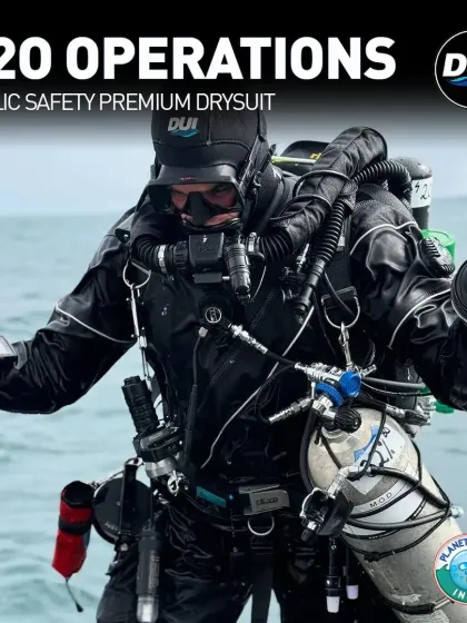 The DUI H2O Operations drysuit is engineered for public safety divers who face the most challenging conditions. This image shows a fully equipped operator, highlighting the suit's integration with tactical gear, its rugged build for hazardous water, and the mobility it provides for critical tasks.