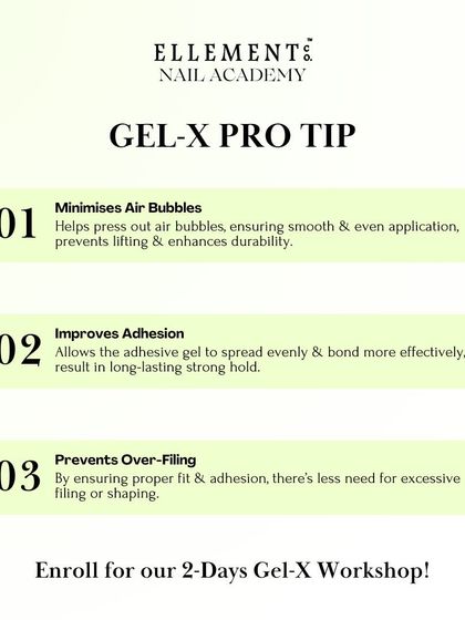 This graphic explains the three main benefits of applying Gel-X at a 45-degree angle: it minimizes air bubbles, improves adhesion, and prevents over-filing.