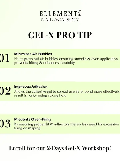 This graphic explains the three main benefits of applying Gel-X at a 45-degree angle: it minimizes air bubbles, improves adhesion, and prevents over-filing.