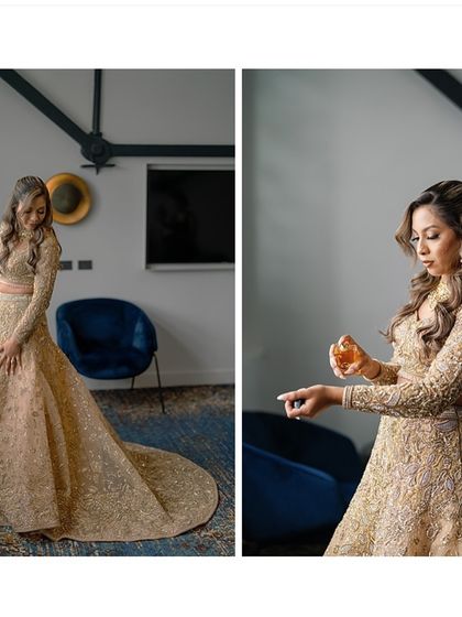 A collage of the bride getting ready, showing her admiring her custom golden lehenga and spritzing on her wedding day perfume.