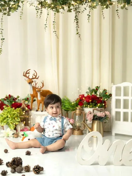 A full view of the enchanting woodland Christmas theme. This setup shows how we can create a whole world for your baby's first birthday photos.