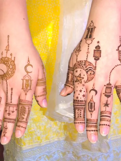 A whimsical Eid design with hanging lanterns, moons, and stars. This style is so fun and modern, perfect for celebrating the festival.