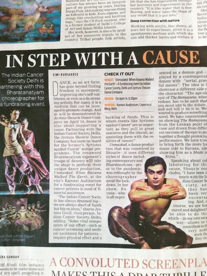 A newspaper clipping about "Artistes Against Cancer," a fundraising event where we performed "Unmasked." It is an honor to use my art for a greater cause.