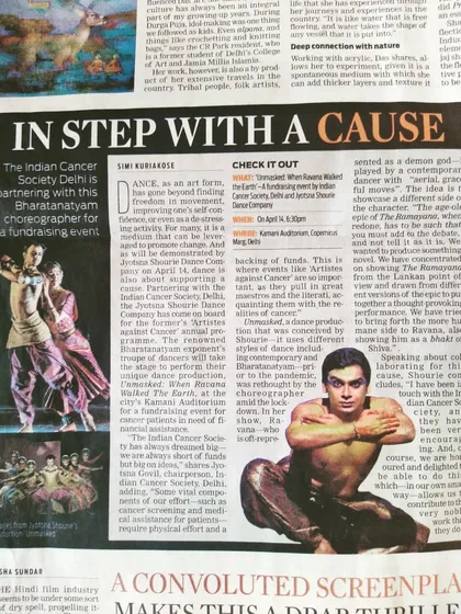 A newspaper clipping about "Artistes Against Cancer," a fundraising event where we performed "Unmasked." It is an honor to use my art for a greater cause.