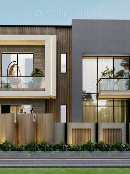 A 3D render for a luxury villa in Gurgaon, designed with a prominent white-framed balcony and large glass windows for an open feel. This visualization was part of a set used to plan the project seen in images 15, 16, and 17.