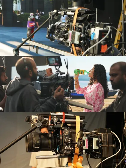 A behind-the-scenes collage from the Campa commercial shoot at our virtual studio. It shows our camera rigs capturing product shots and the crew collaborating to bring the retro-themed ad to life.
