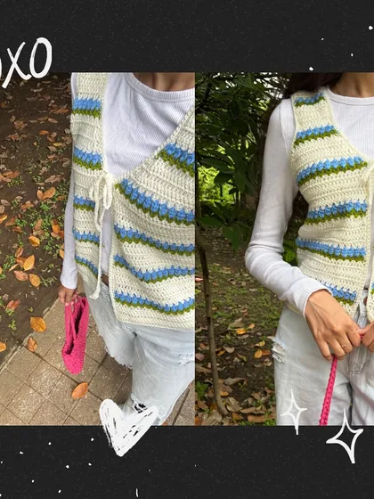 Another shot from the photoshoot of the almost-perfect vest. The story behind this piece is a lesson in double-checking your work, but I still love the blue and green striped design.