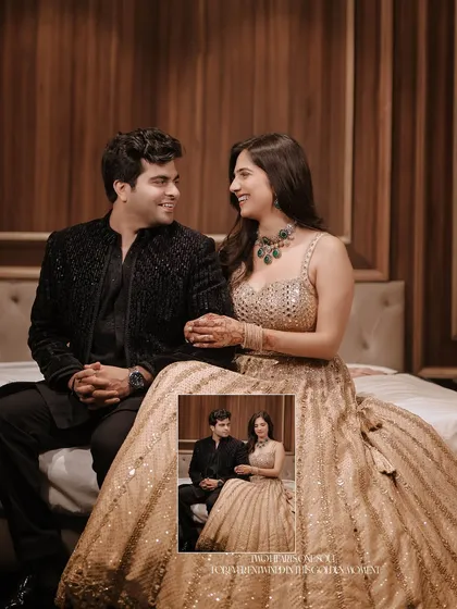 A relaxed and happy portrait of the couple sitting together, with an inset photo showing a different angle.