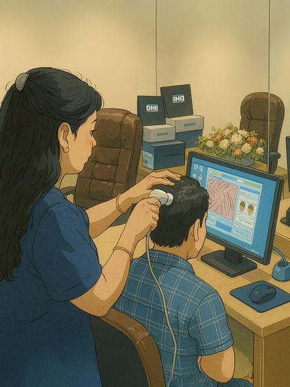 **The Diagnostic Process, Visualized:** In this artistic rendering, a doctor performs a detailed scalp analysis for a client. This image represents our commitment to a thorough, science-based diagnostic process before recommending any treatment.