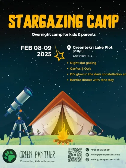This poster for our Pune camp shows the complete experience: stargazing, games, crafts, and a bonfire dinner with an overnight tent stay.