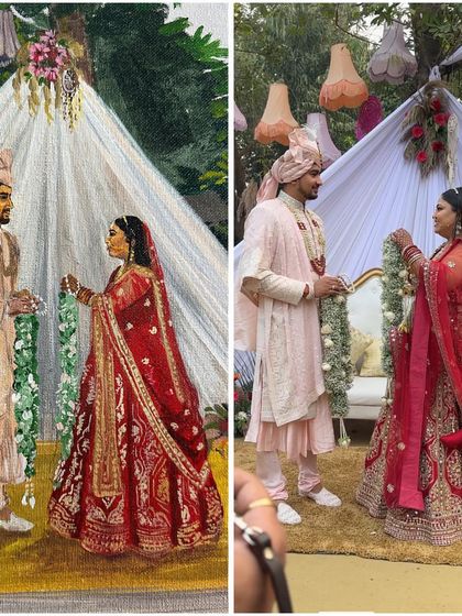 From real life to canvas. This shows the Varmala moment as it happened and how I translated it into a timeless piece of art, keeping the essence of the decor and the couple's interaction.