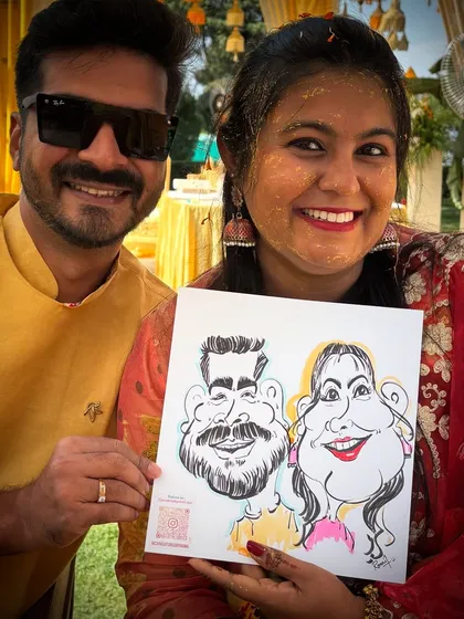 Nothing says celebration like a happy couple with their very own caricature at a vibrant Haldi ceremony. This is the kind of unique party favor that makes your wedding entertainment truly unforgettable.