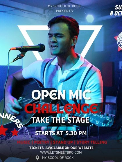 The poster for Open Mic Challenge 65, featuring a strong central image of a singer-songwriter to attract performers.