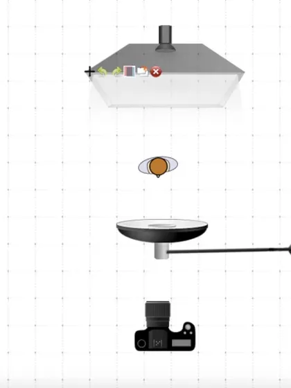 To make things simple, I always provide a lighting diagram for my setups. This top-down view shows the precise placement of the camera, model, and lights for the beauty headshot. You can use this as a guide for your own studio practice.