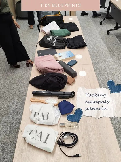 This is a look at the "packing essentials" scenario from one of my workshops. We lay everything out to visualize what's needed, making the process of packing for a trip less about guesswork and more about smart planning.