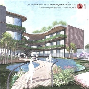Universal accessibility is a key principle in our designs. This rendering shows a uniquely designed ramped approach to the retail entrances, ensuring that the arrival experience is welcoming and accessible to everyone.