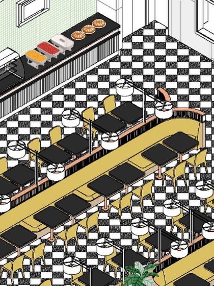 An axonometric drawing of the dining area in the 080 Lounge, showing the checkered tile pattern and the layout of the buffet and seating. We use these drawings to plan for maximum capacity and guest satisfaction.