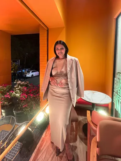 Weekend vibes in mocha tones. This monochromatic look with a satin skirt, top, and blazer is sophisticated and on-trend.
