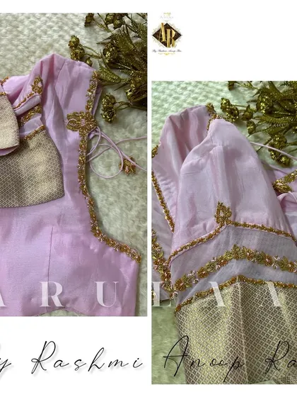 A lovely pastel pink blouse with sheer panels on the sleeves. The saree's brocade fabric is used to create a beautiful textured effect.