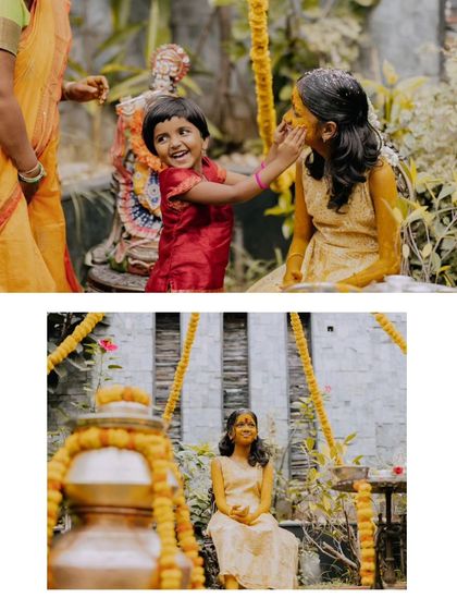 A collage from a Half Saree Haldi ceremony, capturing the playful and traditional moments of the event.