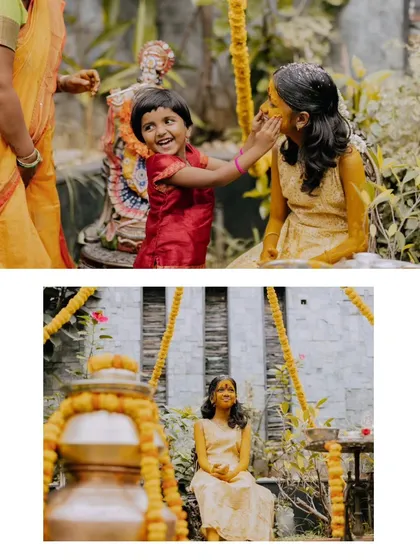 A collage from a Half Saree Haldi ceremony, capturing the playful and traditional moments of the event.