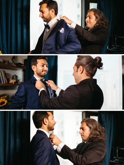 The brotherhood of the groom squad. We capture these moments of friendship and support as they help the groom with his final touches.