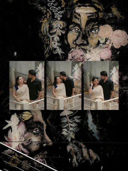 An artistic collage framed by a dark, moody mural. This shows how I can use the environment to create dramatic and visually interesting compositions that elevate a simple moment.